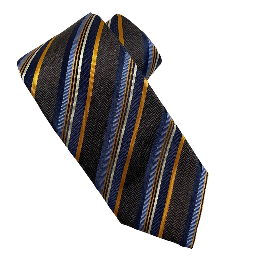 J. Hilburn Italy Necktie Horizontal Striped Brown Blue Orange Silk Tie